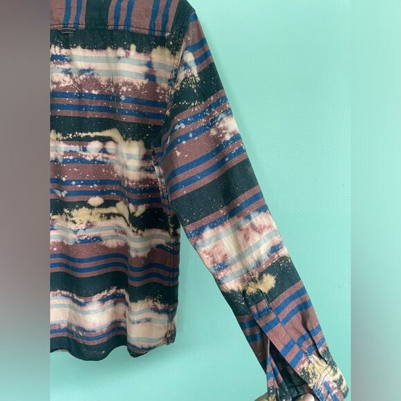 Upcycled Splatter Bleached Orange Navy Plaid Oversized Flannel Mens M - Picture 9 of 10